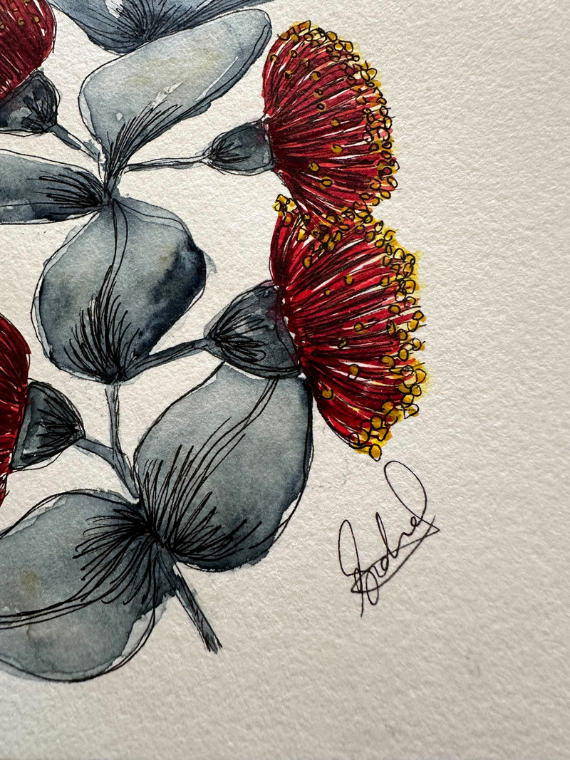 Rose Mallee Eucalyptus Original Painting Pen and Watercolour Wall Art Size 5 x 7 in