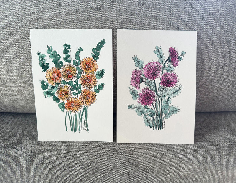 Original Paper Daisy and Chrysanthemum Bouquets' Watercolour Wall Art Set of 2 Size 5 x 7 in