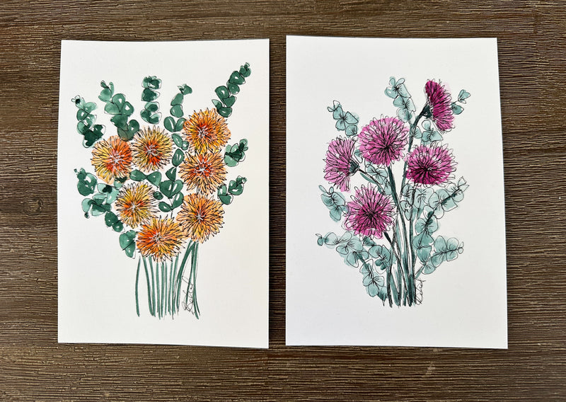 Original Paper Daisy and Chrysanthemum Bouquets' Watercolour Wall Art Set of 2 Size 5 x 7 in