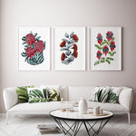 3 Set Waratah Bouquet + Rose Mallee + Struts Desert Plant Watercolour Canvas and Prints - Vibrant Australian Native Wall Decor