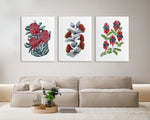 3 Set Waratah Bouquet + Rose Mallee + Struts Desert Plant Watercolour Canvas and Prints - Vibrant Australian Native Wall Decor