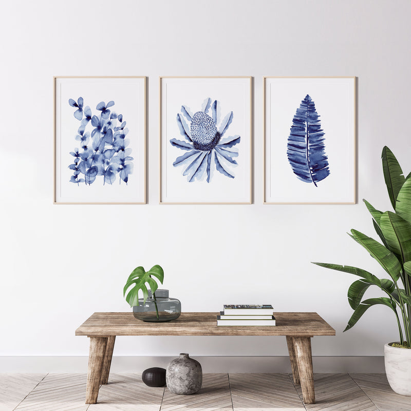 Blue Foliage Trio Hamptons Style Wall Art Canvasses and Prints