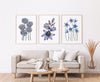 3 Set Blue Elegance of Blue Pincushion, Blue Sun Orchid, and Bluebells Watercolour Canvasses and Prints Collection