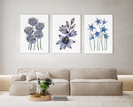 3 Set Blue Elegance of Blue Pincushion, Blue Sun Orchid, and Bluebells Watercolour Canvasses and Prints Collection