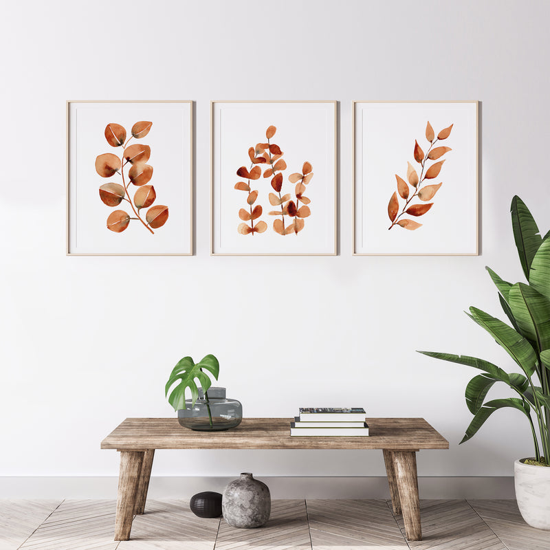 Set of 3 Brown Gum Leaf Sets Watercolour Brown Eucalyptus Canvasses and Prints