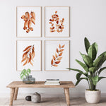 4 Set Brown Gum Leaf Watercolour Canvasses and Prints For Your Home