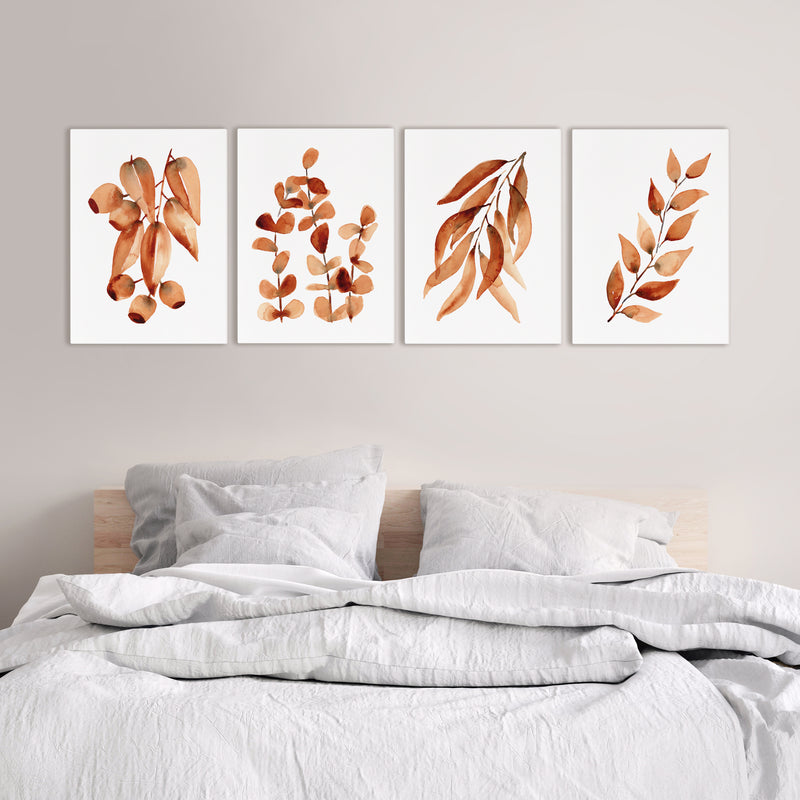 4 Set Brown Gum Leaf Watercolour Canvasses and Prints For Your Home