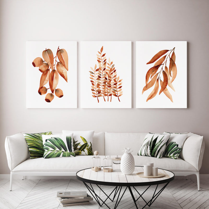 3 Set Brown Eucalyptus Gum Leaf Canvasses and Prints