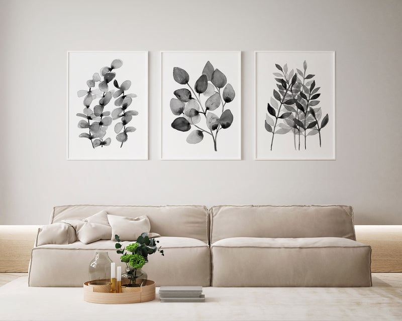 Set 3 Monochrome Black and White Eucalyptus Wall Art Prints