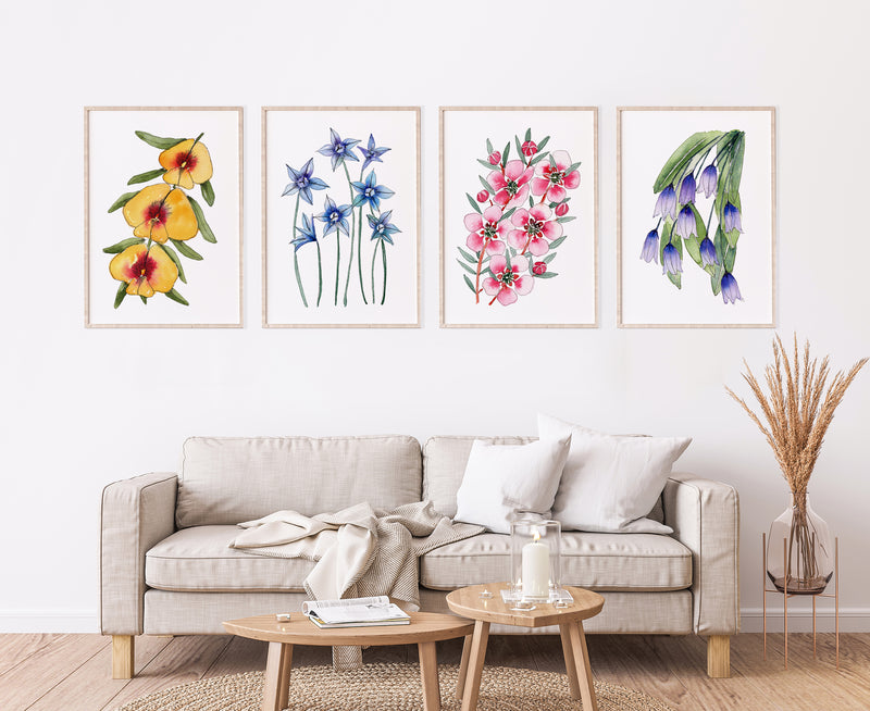 A Symphony of Blooms Collection of 4 Australian Floral Artworks Watercolour Canvasses and Prints Collection