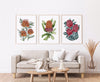 3 Set Artisanal Australian Flower Canvasses and Prints Collection Grevillea Winapara + Banksia Orange + Waratah Bouquet