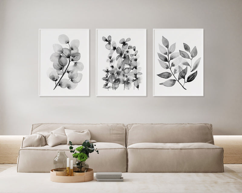 Set 3 Monochrome Ensemble Black and White Botanical Leaf Decor