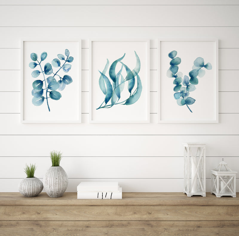 3 Set Blue Eucalyptus Leaf Watercolour Canvasses and Prints Collection