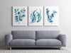 3 Set Blue Eucalyptus Leaf Watercolour Canvasses and Prints Collection