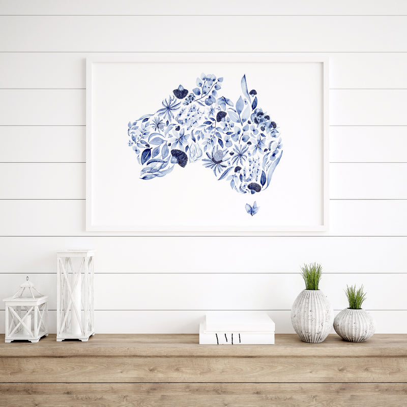 Australia in Blue Hues - Map of Australia Hamptons Wall Art