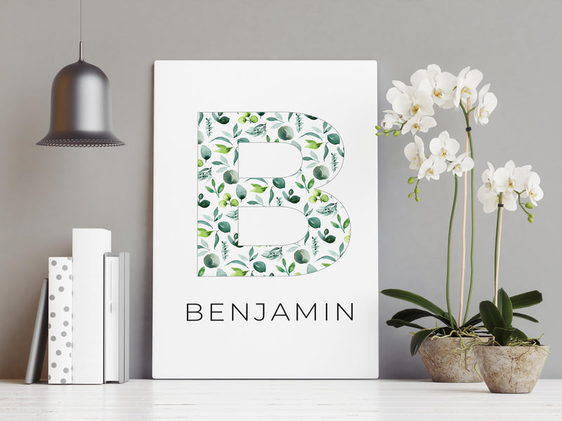 Custom Initial Letters With Name Australian Gum Leaves Wall Art Print and Canvas