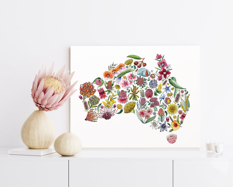 Australia in Bloom - Map of Australia Native Floral Wall Art