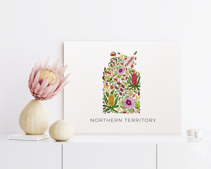 Northern Territory Blossoms - State Native Flower Map Wall Art and Canvas