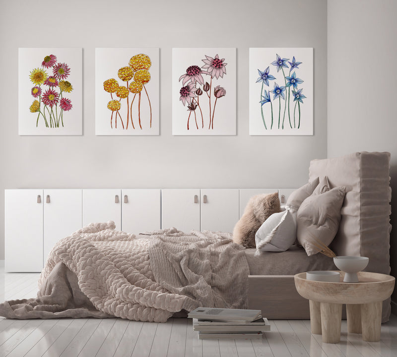 Dainty Delights Charming Set of 4 Australian Floral Natives Watercolour Canvasses and Prints Collection