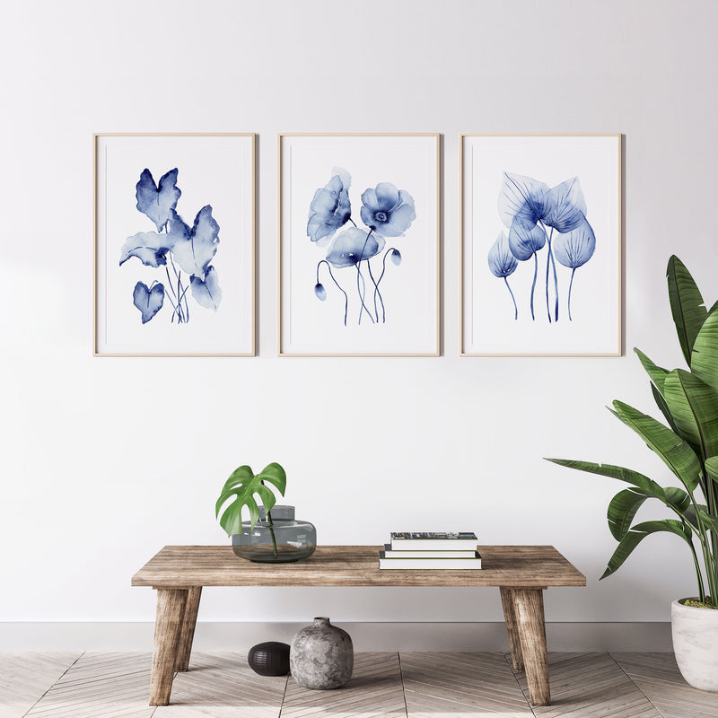 Blue Minimalist 3 Set Hamptons Leaf and Plants Wall Art Canvasses and Prints