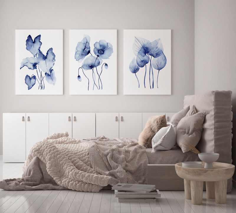 Blue Minimalist 3 Set Hamptons Leaf and Plants Wall Art Canvasses and Prints