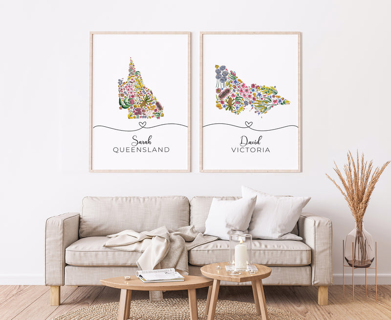 Personalized Australian Floral State Couple Maps  - Native Floral Map Wall Art