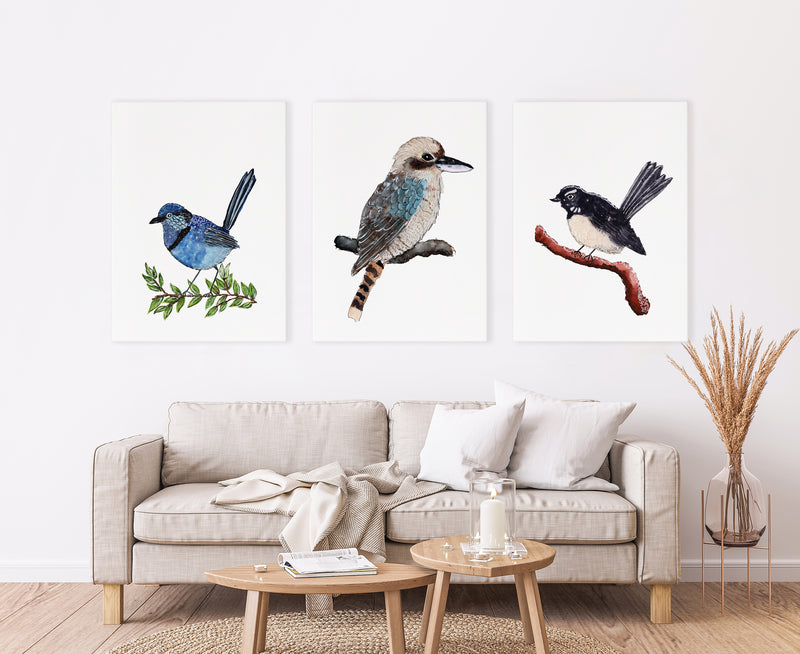 3 Set Watercolour Art Prints and Canvasses Featuring Splendid Fariy Wren, Kookaburra and Willy Wagtail