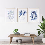 Set of 3 Blue Plants Watercolour Wall Art Canvasses and Prints Hamptons Style