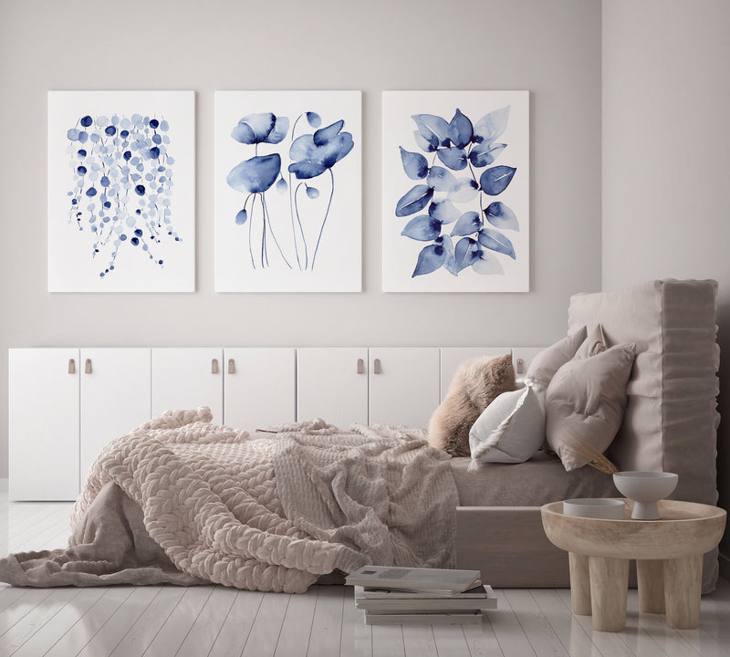 Set of 3 Blue Plants Watercolour Wall Art Canvasses and Prints Hamptons Style