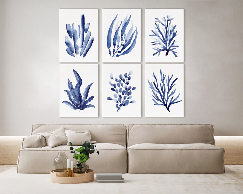 Set of 6 Blue Corals and Seaweed Canvasses and Prints Watercolour Wall Decor