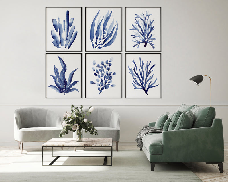 Set of 6 Blue Corals and Seaweed Canvasses and Prints Watercolour Wall Decor