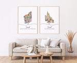 Personalized Australian Floral State Couple Maps  - Native Floral Map Wall Art