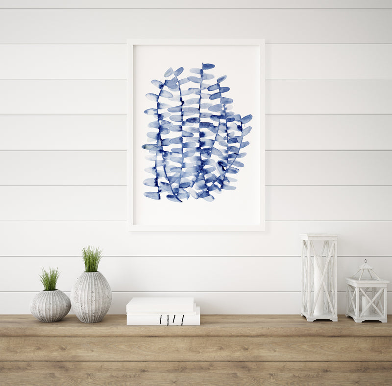 Boston Fern Blue Watercolour Leaf  Canvas and Print