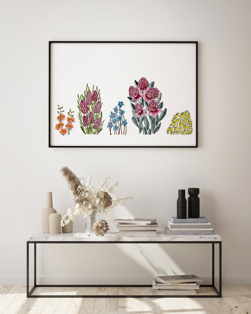 Australian Garden Floral Watercolour Art Print Flame Pea + Hakea + Bluebells + Waratah + Boronia