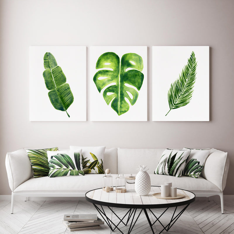 Banana Monstera Palm Leaf Prints and Canvasses Green Watercolour Wall Art Set of 3