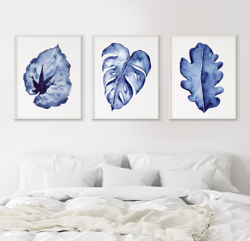 3 Set Blue Leaf Watercolour Canvasses and Prints