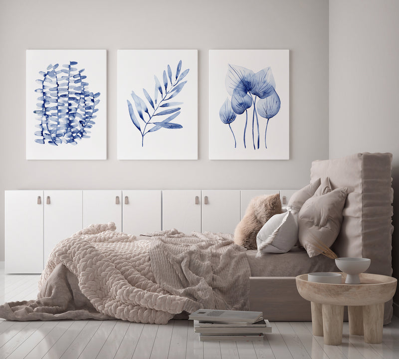 3 Blue Set Print Watercolour Boston Fern + Olive + Homalomena Wall Art Canvasses and Prints