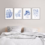 Set of 4 Blue Theme Leaf Decor Watercolour Canvasses and Prints