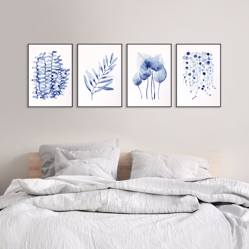 Set of 4 Blue Theme Leaf Decor Watercolour Canvasses and Prints