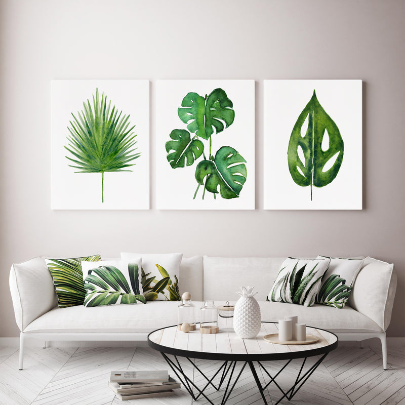 Palm Monstera Print Set of 3 Green Botanical Watercolour Plant Prints and Canvases