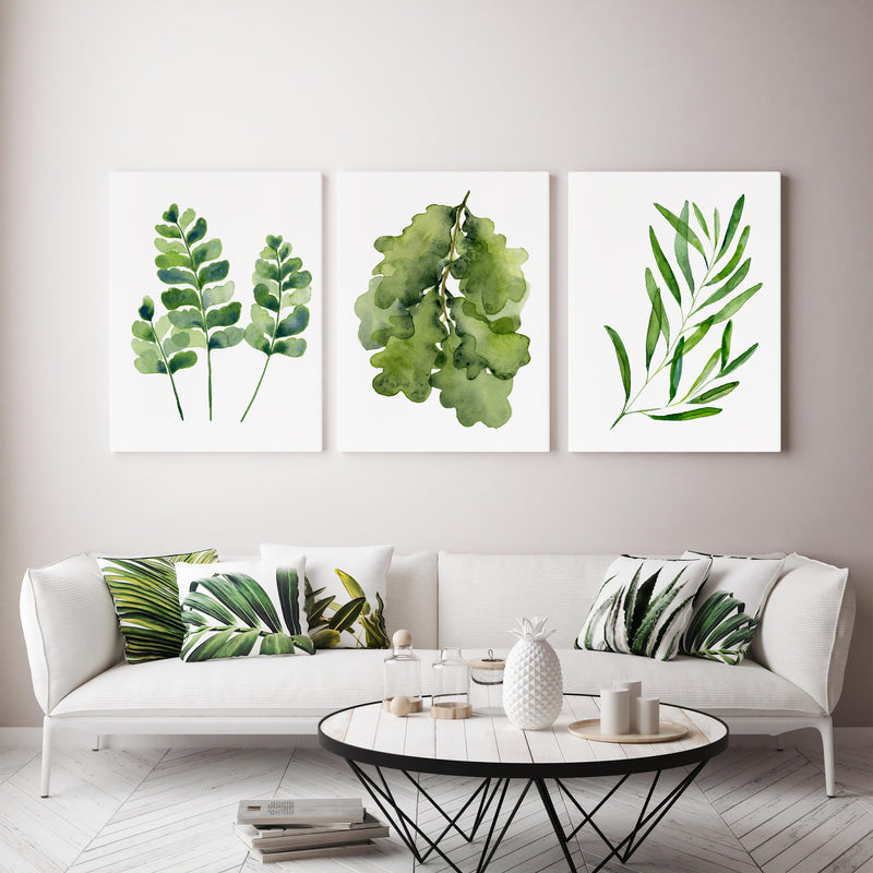 Living Room Artwork Green Prints Watercolour Set of 3 Prints and Canvasses Fern Print