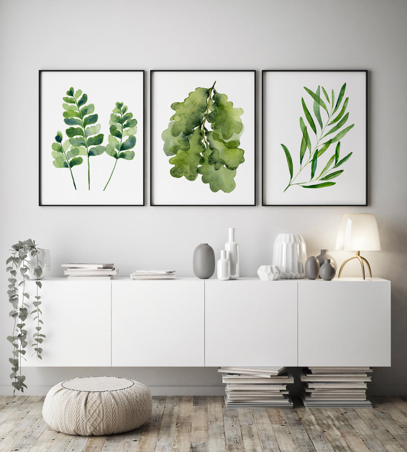 Living Room Artwork Green Prints Watercolour Set of 3 Prints and Canvasses Fern Print