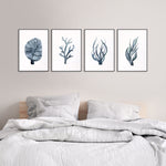 Set of 4 Grey Coral Blue Coastal Prints