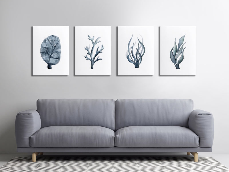 Set of 4 Grey Coral Blue Coastal Prints
