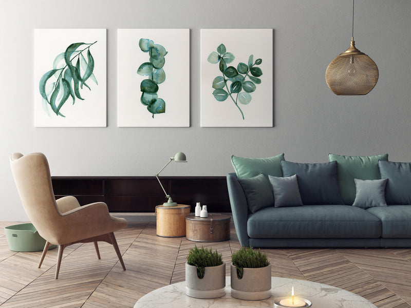 Set of 3 Jade Green Botanical Wall Art Gum Leaf Prints