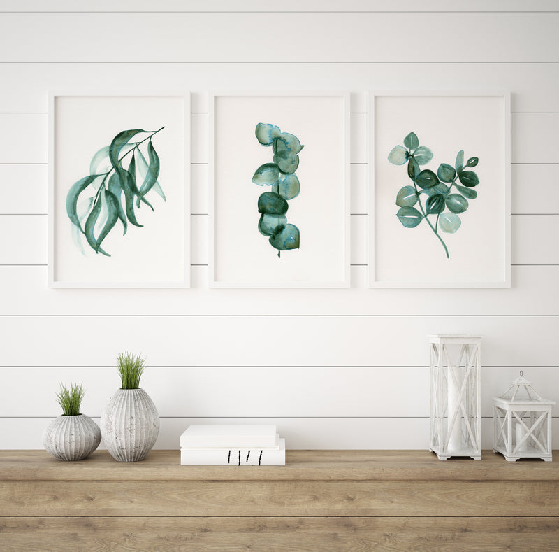 Set of 3 Jade Green Botanical Wall Art Gum Leaf Prints