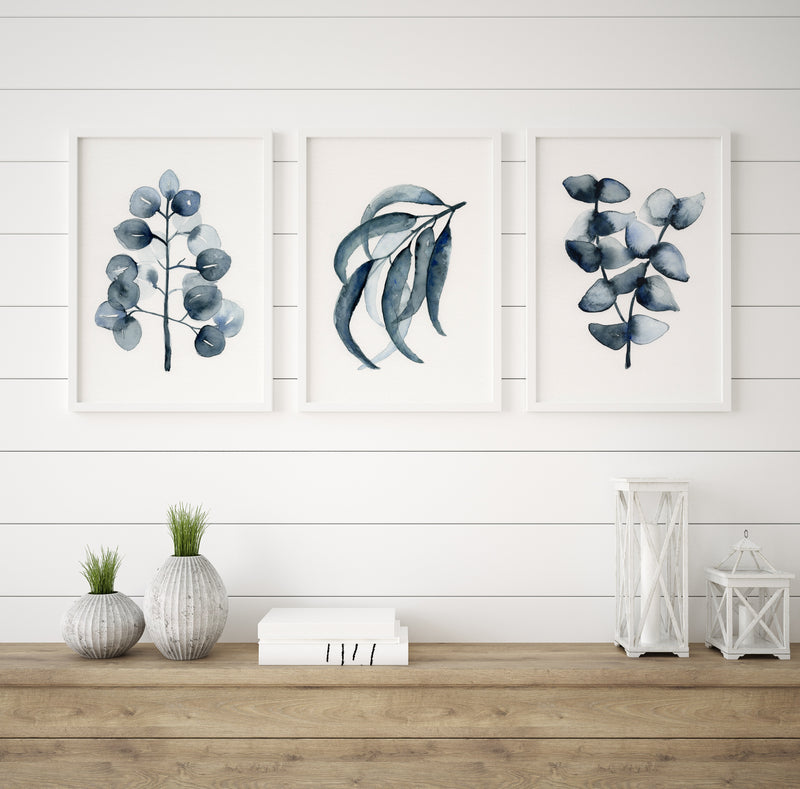 Set of 3 Blue Grey Eucalyptus Leaf Print