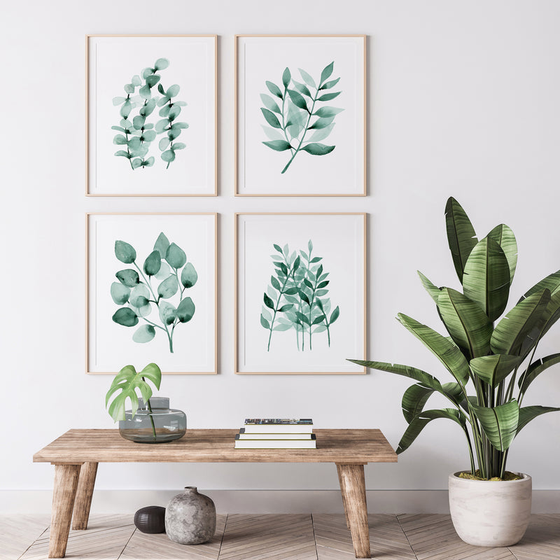 Blue Green Eucalyptus Leaf Watercolour Print Set of 4