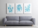 Blue Watercolour Leaf Wall Art Print Set of 3