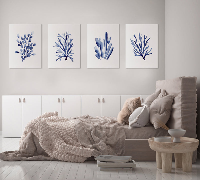 Set of 4 Blue Marine Coral Coastal Wall Art Prints